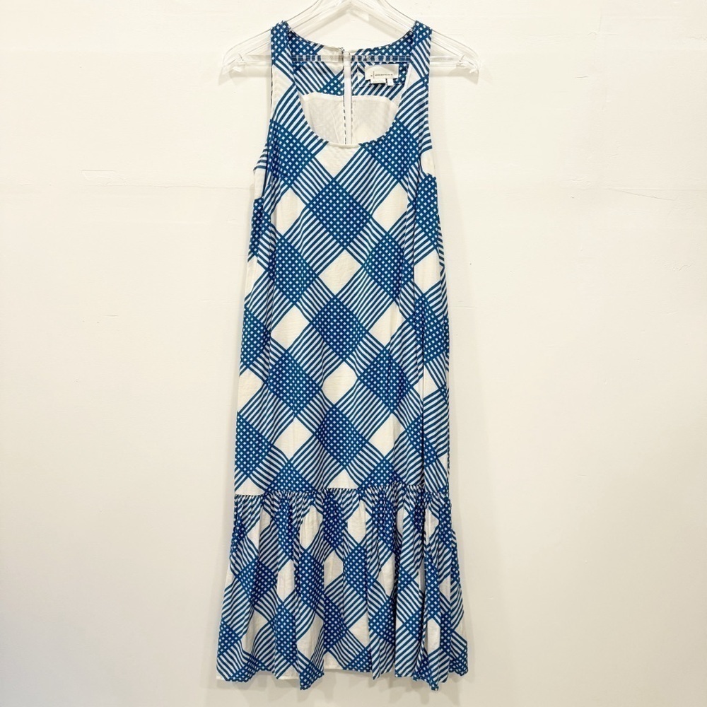 Anthropologie Michaela Flounced Hem Midi Dress Blue White Plaid Sleeveless XS